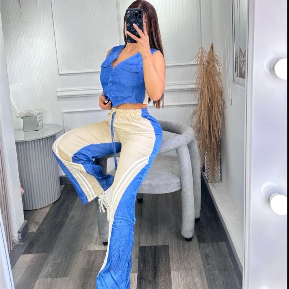 Blue and Cream Color-Block Jumpsuit with Flared Legs